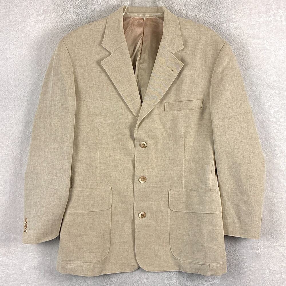 VTG J. Peterman Blazer Mens 40R Beige Linen Blend Jacket Preppy Kentucky Derby